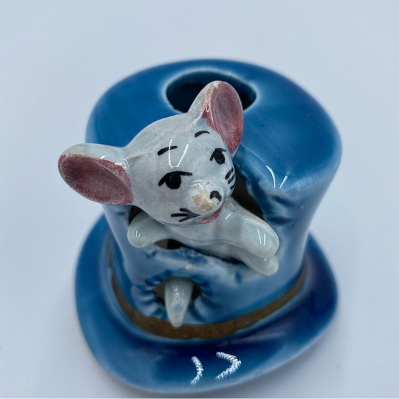 Vintage 70s W. N. CO. Ceramics Gray Mouse Blue Top Hat Toothpick Holder Japan - Picture 9 of 14